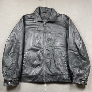St. Johns Bay Leather Jacket Mens XL Black Quilt Lined Full Zip Up Bomber Coat